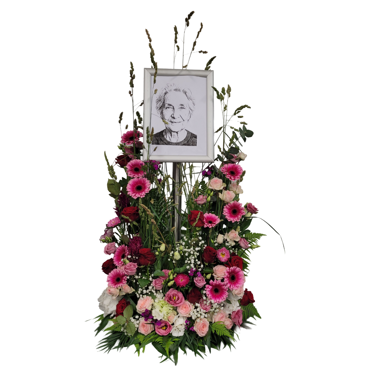 Bilderrahmen_-_Kranz_mit_Rosen_Eustoma_Statice_Astern_Celosie_Schleierkraut_Bartnelken_Gerbera_Gras_-_Beiwerkt_der_Saison_-_Weiss_Rosa_Rot_-_Gras_Saison