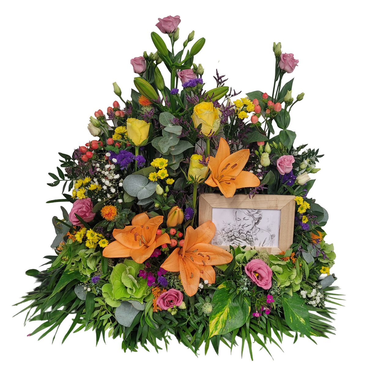 Bilderrahmen_-_Lilien_Santini_Eustoma_Hypericum_Chartamus_Hortensie_Statice_Bartnelken_Limonium_Rosen_-_Bunt_-_Gelb_Orange_Lila_Weiss_Rosa