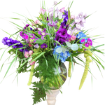 Dekorativer_Strauss_-_Gladiolen_Hortensie_Phlox_Eustoma_Rittersporn_Clematis_Astrantie_Campanula_Mininelken_Amaranthus_Graesser_-_Lila_Blau_Rosa_Weiss_-_Sommer