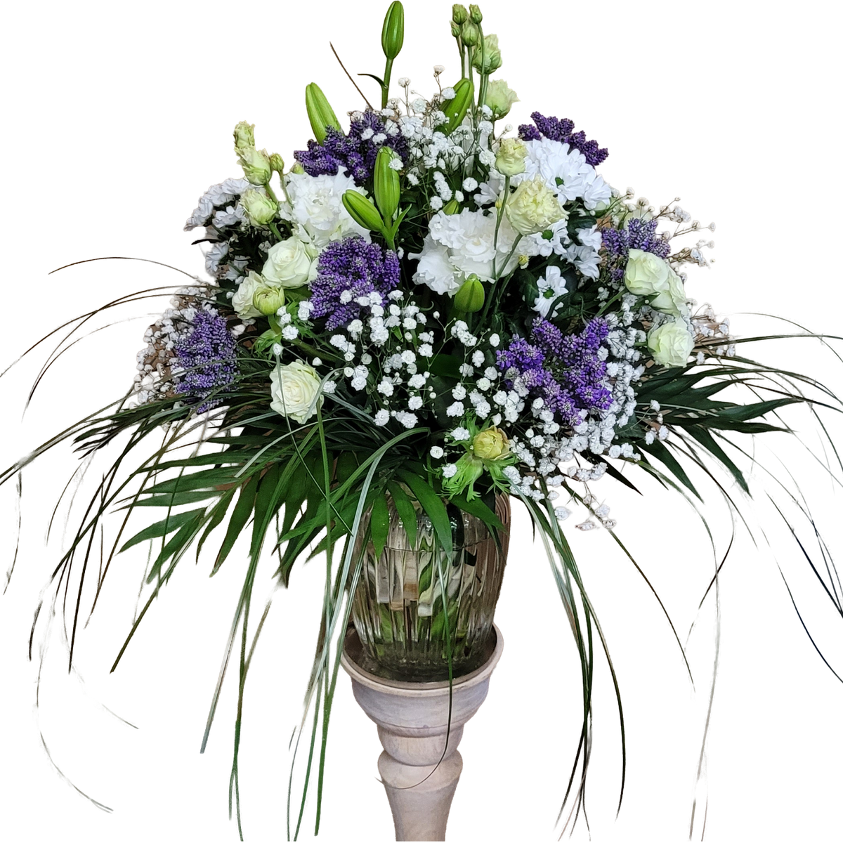 Dekorativer_Strauss_-_Lilien_Eustoma_Veronika_Rosen_Santini_Schleierkraut_-_Blau_Flieder_Weiss