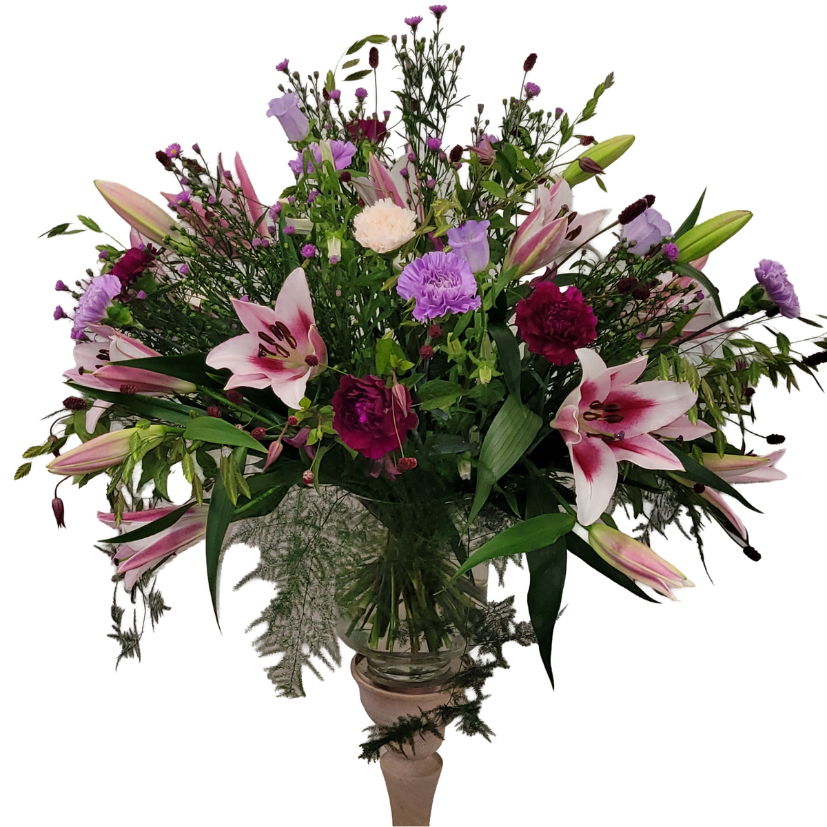 Dekorativer_Strauss_-_Lilien_Nelken_Septemberkraut_Clematis_Sangiosorba_Campanula-_Rosa_Bordoax_Flieder_Lila