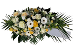 Gesteck_Flach_-_Gerbera_Rosen_Hypericum_annemone_Tulpen_Gerbera_Schleierkraut_-_Weiss_Gelb