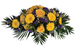 Gesteck_Flach_-_Gerbera_Rosen_Statice_Craspedias_Schleierkraut_-_Blau_Gelb_Weiss