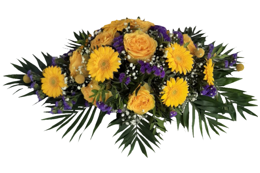 Gesteck_Flach_-_Gerbera_Rosen_Statice_Craspedias_Schleierkraut_-_Blau_Gelb_Weiss