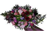 Gesteck_Flach_-_Lilien_Scapiosa_Clematis_Ginster_Rosen_Nelken_Eucalypthus_Gerbera_Hortensie_-_Flieder_Altrosa_Pink_Rosa_Bordoax_Lila