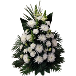 Gesteck Hoch-Chrysanthemen_Nelken_Eustoma_Loewenmaul