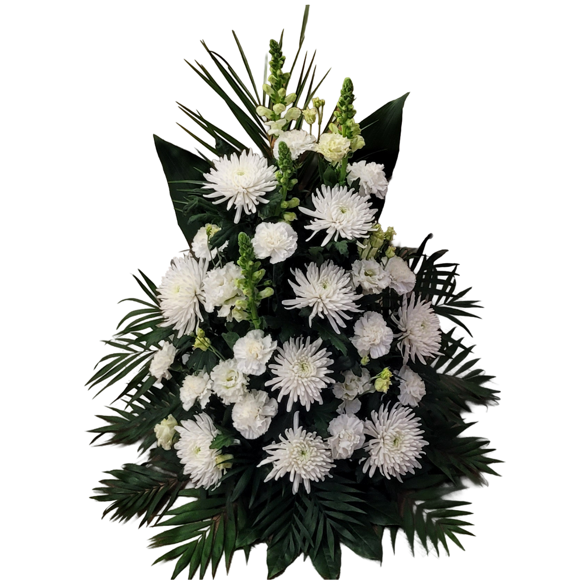 Gesteck Hoch-Chrysanthemen_Nelken_Eustoma_Loewenmaul