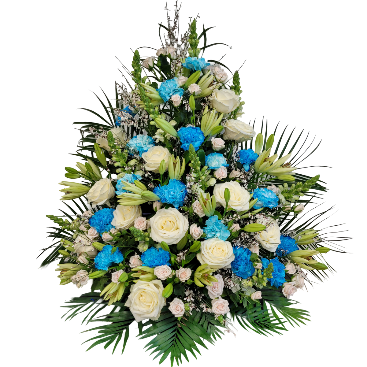 Gesteck_Hoch-_Edelrosen_Mehrstieler_Rosen_Nelken_Loewenmaeulchen_Lilien_Ginster_-_Weiss_Blau