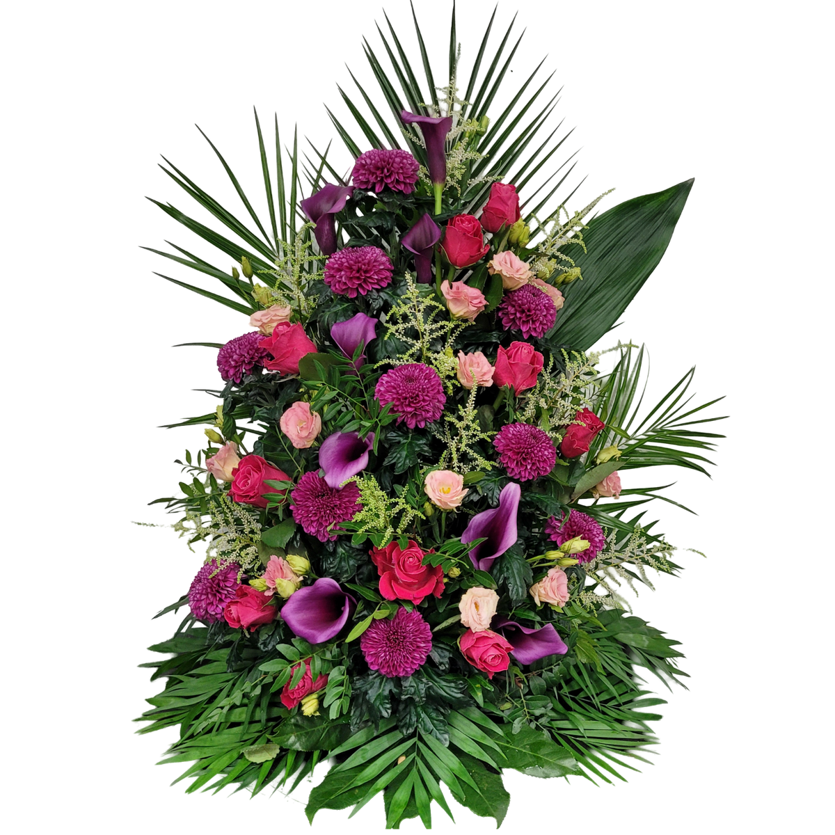Gesteck_Hoch_-_Calla_Chrysanthemen_Eustoma_Astilbe_Rosen_-_Lila_lachs_Pink_-_Exoten