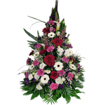 Gesteck_Hoch_-_Calla_Chrysanthemen_Nelken_Eustoma_Loewenmaul_Gerbera_-_Weiss_Rot_Lila_-_Exoten