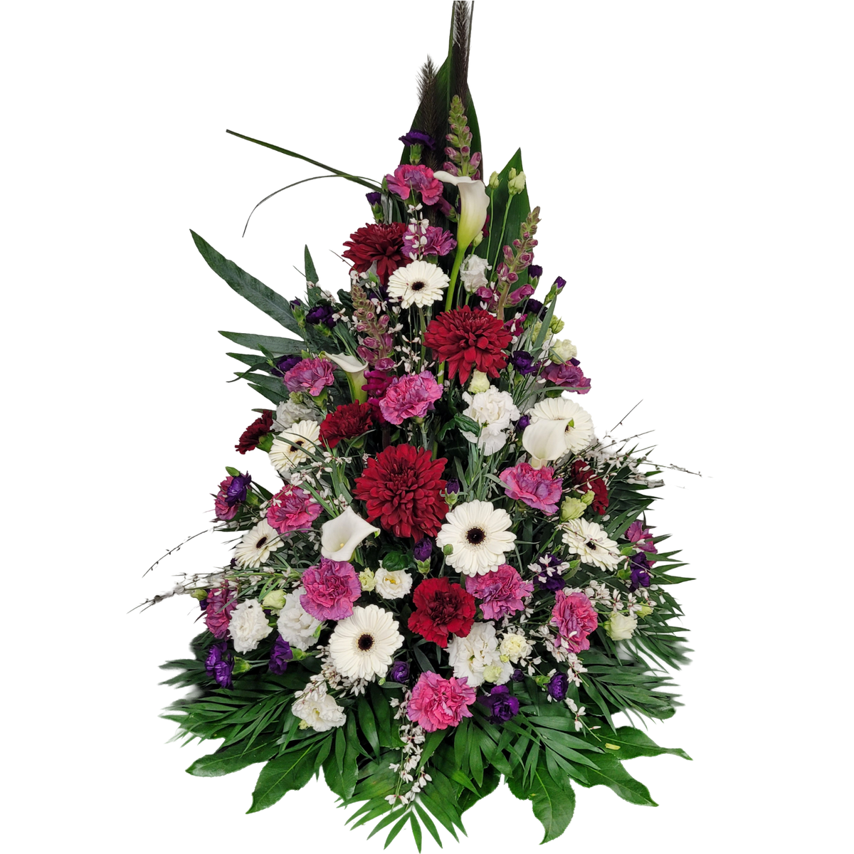 Gesteck_Hoch_-_Calla_Chrysanthemen_Nelken_Eustoma_Loewenmaul_Gerbera_-_Weiss_Rot_Lila_-_Exoten