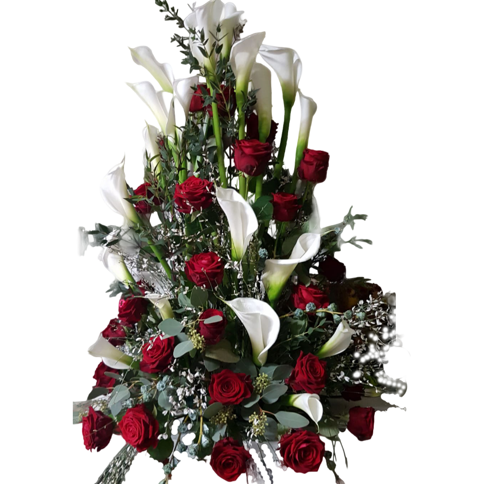 Gesteck_Hoch_-_Calla_Rosen_Ginster_Eucalypthus_-_Rot_Weiss_-_Exoten
