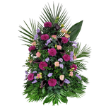 Gesteck_Hoch_-_Chrysanthemen_Calla_Statice_Eustoma_-_Flieder_Lila_Schwarz_Lachs