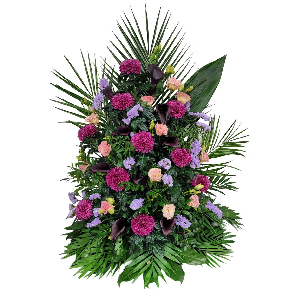 Gesteck_Hoch_-_Chrysanthemen_Calla_Statice_Eustoma_-_Flieder_Lila_Schwarz_Lachs