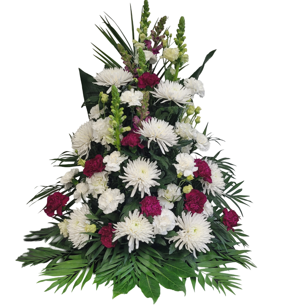 Gesteck_Hoch_-_Chrysanthemen_Eustoma_Nelken_Loewenmaul_-_Lila_Burgunder_Weiss
