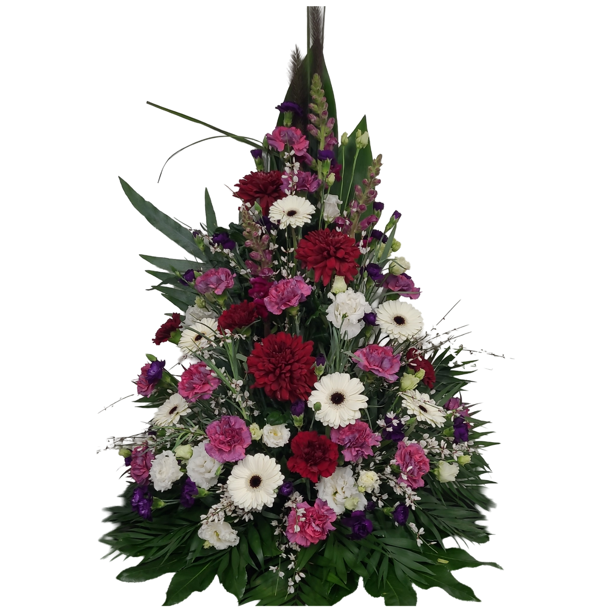 Gesteck_Hoch_-_Chrysanthemen_Gerbera_Nelken_Ginster_Eustoma_Loewenmaul_-_Pink_Weiss_Rot