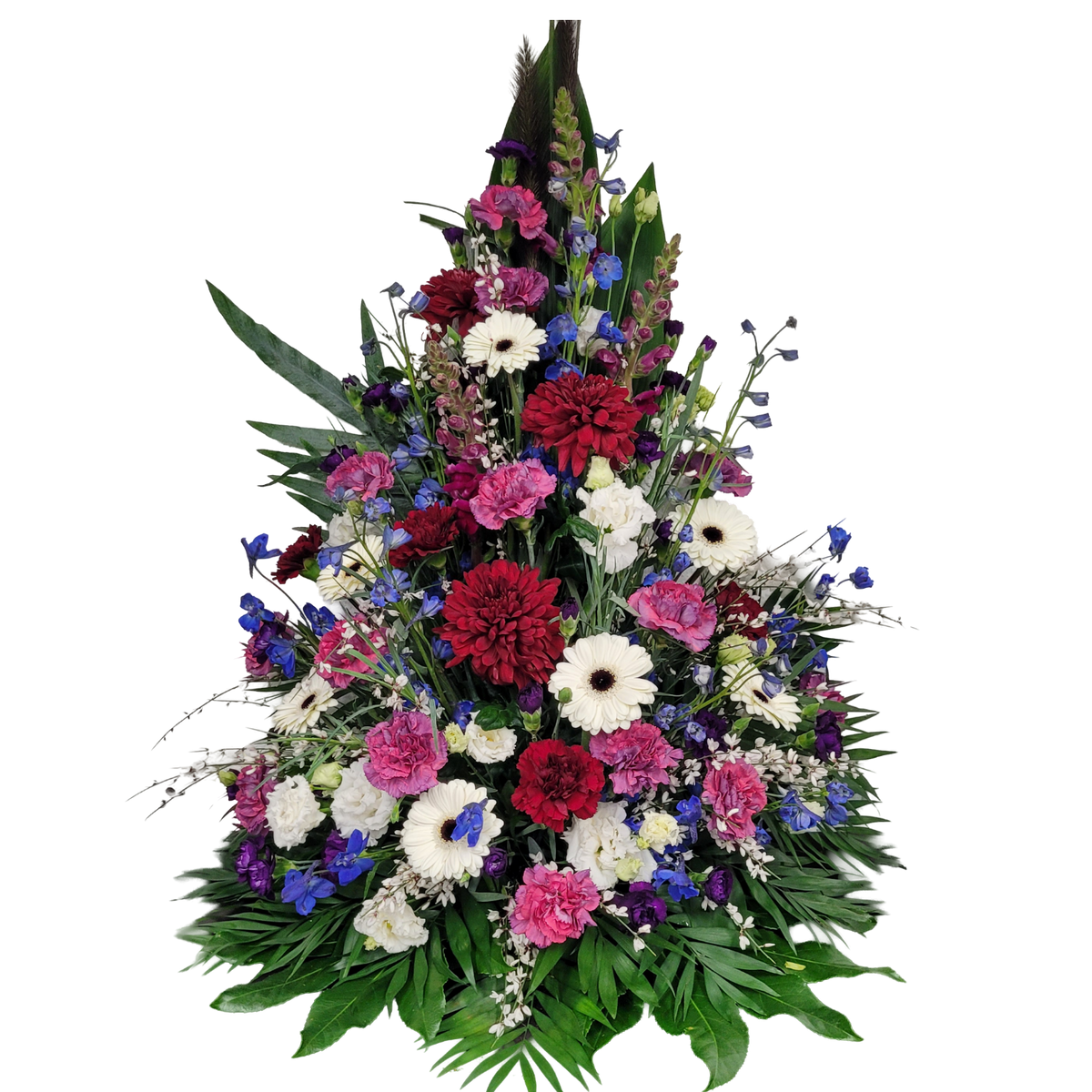 Gesteck_Hoch_-_Chrysanthemen_Rittersporn_Gerbera_Nelken_Eustoma_Ginster_-_Blau_Rot_Weiss