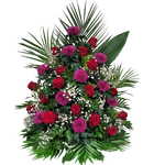 Gesteck_Hoch_-_Chrysanthemen_Rote_Rosen_Schleierkraut_-_Rot_Lila_Weiss