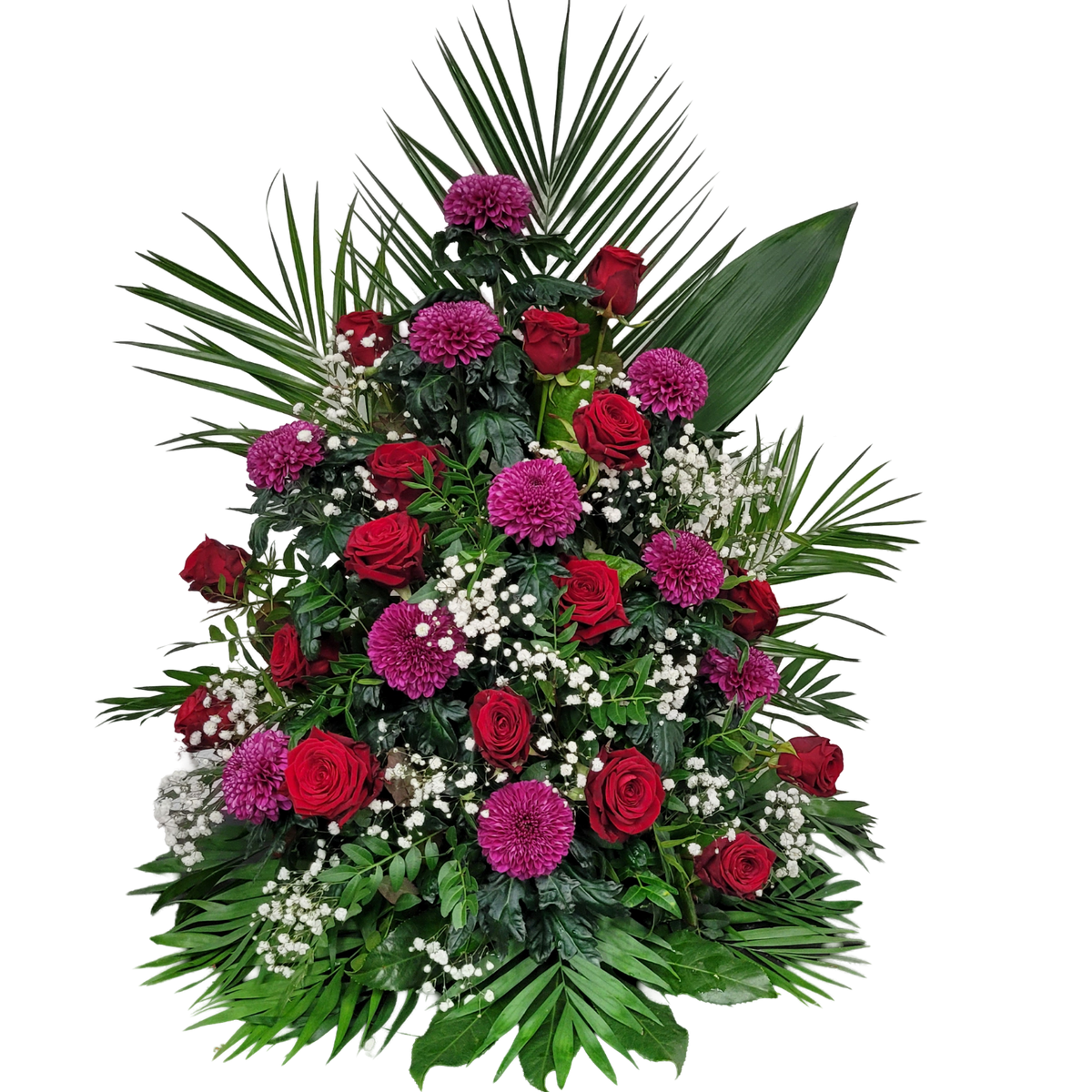 Gesteck_Hoch_-_Chrysanthemen_Rote_Rosen_Schleierkraut_-_Rot_Lila_Weiss