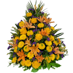 Gesteck_Hoch_-_Chrysanthemen_Solidago_Lilien_Germinis_Rosen_Statice_-_Gelb_Orange_Blau