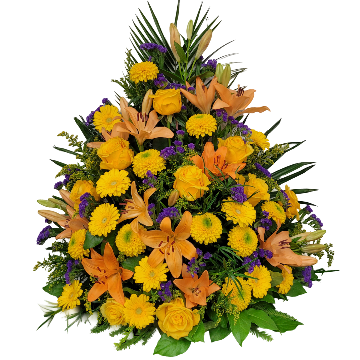 Gesteck_Hoch_-_Chrysanthemen_Solidago_Lilien_Germinis_Rosen_Statice_-_Gelb_Orange_Blau