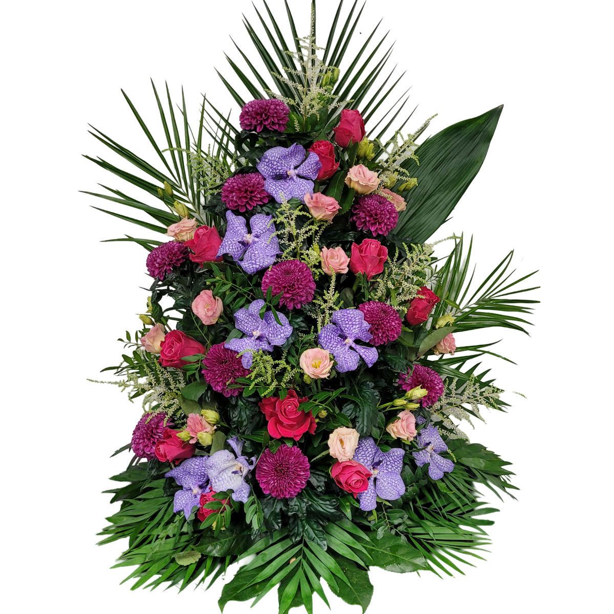 Gesteck_Hoch_-_Chrysanthemen_Vanda_Orchiedea_Rosen_Eustoma_Astilbe_-_Flieder_Lila_Pink_Weiss_Lachs_-_Exoten