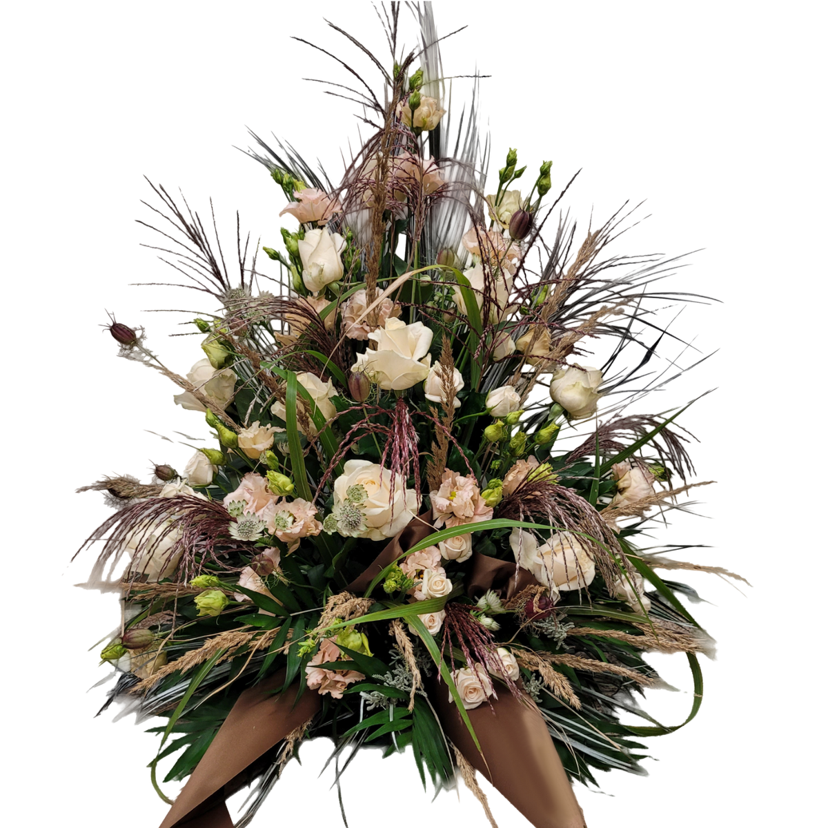 Gesteck_Hoch_-_Eustoma_Rosen_Astrantie_Graesser_-_Braun_Creme_Weiss_-_Sommer_Herbst