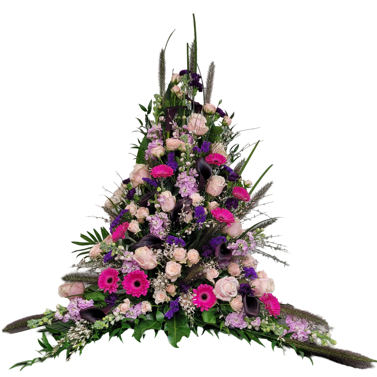 Gesteck_Hoch_-_Gerbera_Calla_Rosen_Statice_Levkoje_Ginster_-_Creme_Schwarz_Pink_Lila_-_Exoten