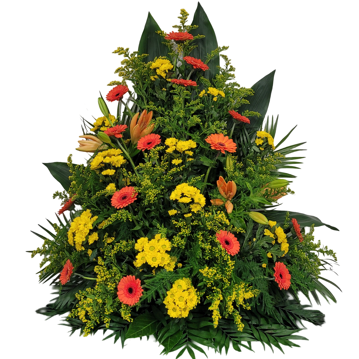 Gesteck_Hoch_-_Gerbera_Lilien_Solidago_Santini_-_Gelb_Orange