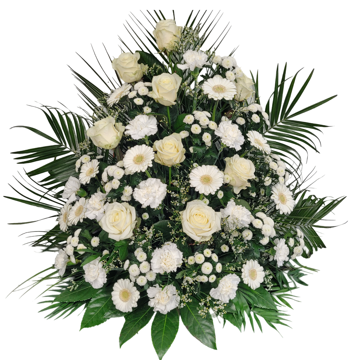 Gesteck_Hoch_-_Gerbera_Nelken_Chrysanthemen._Rosen_-_Weiss