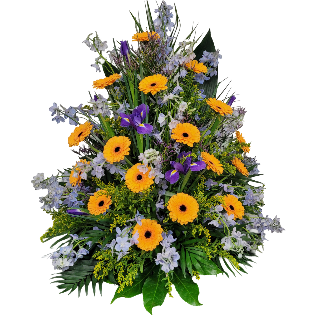 Gesteck_Hoch_-_Gerbera_Rittersporn_Iris_Solidago_Limonium_-_Blau_Weiss