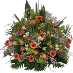 Gesteck_Hoch_-_Germini_Freesien_Tulpen_Schneeball_Ginster_Schleierkraut_-_Weiss_Gruen_Orange_-_Fruehling