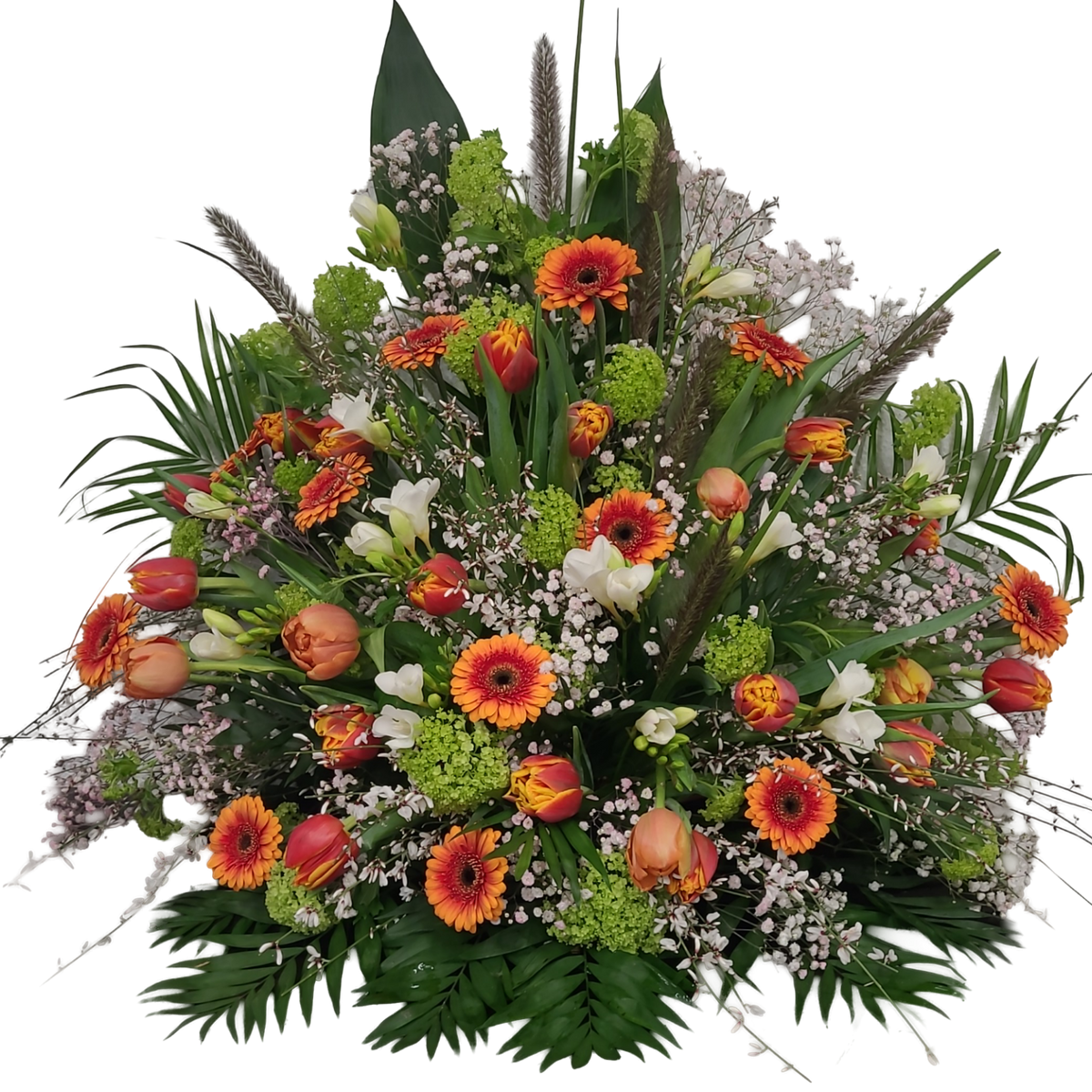 Gesteck_Hoch_-_Germini_Freesien_Tulpen_Schneeball_Ginster_Schleierkraut_-_Weiss_Gruen_Orange_-_Fruehling