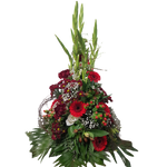 Gesteck_Hoch_-_Gladiolen_Nelken_Gerbera_Hyperikum_Chrysanthemen_Alstromerie_-_Rot_Weiss_-_Sommer