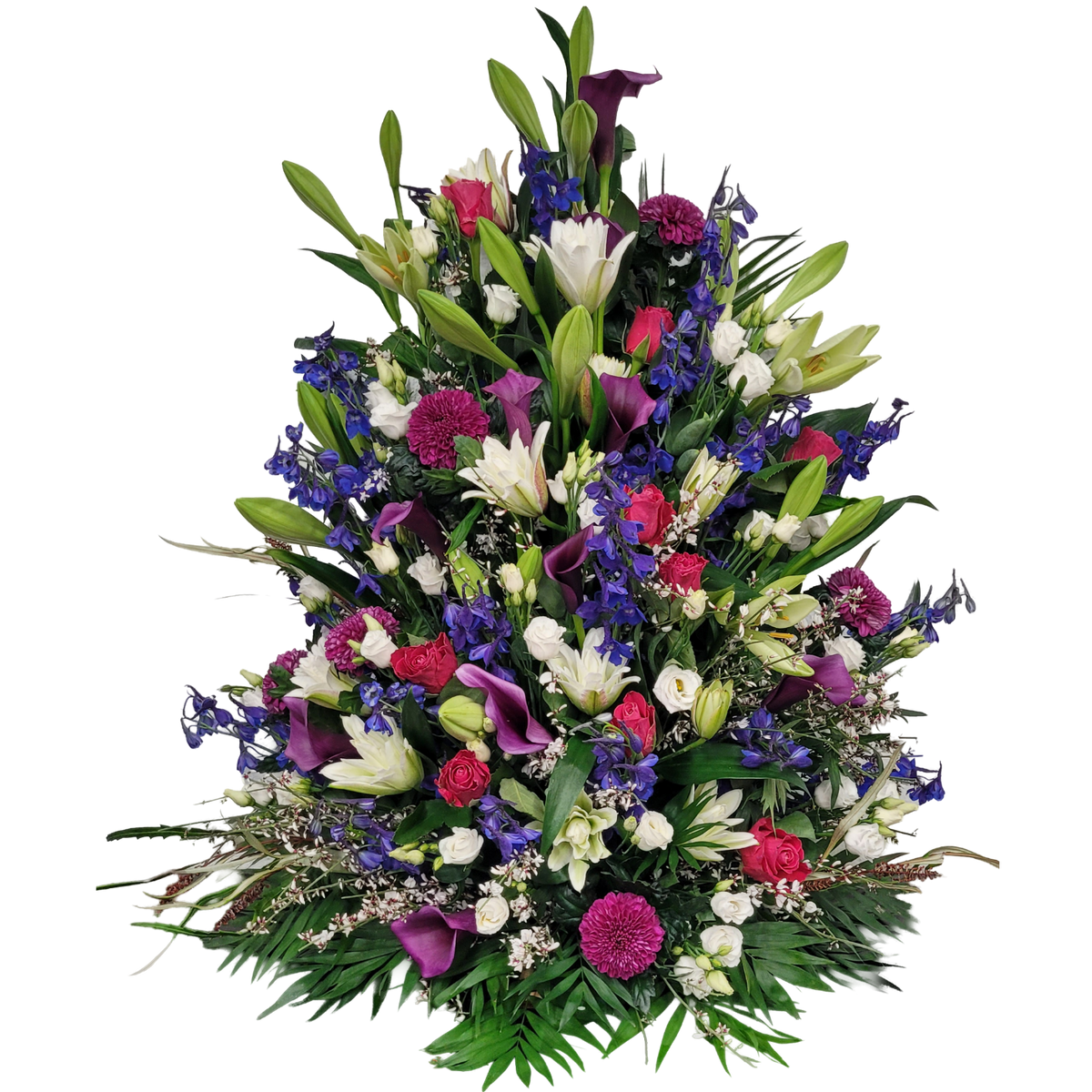 Gesteck_Hoch_-_Lilien_Chrysanthemen_Eustoma_Calla_Rittersporn_Rosen_Ginster_-_Blau_Weiss_Lila_Pink