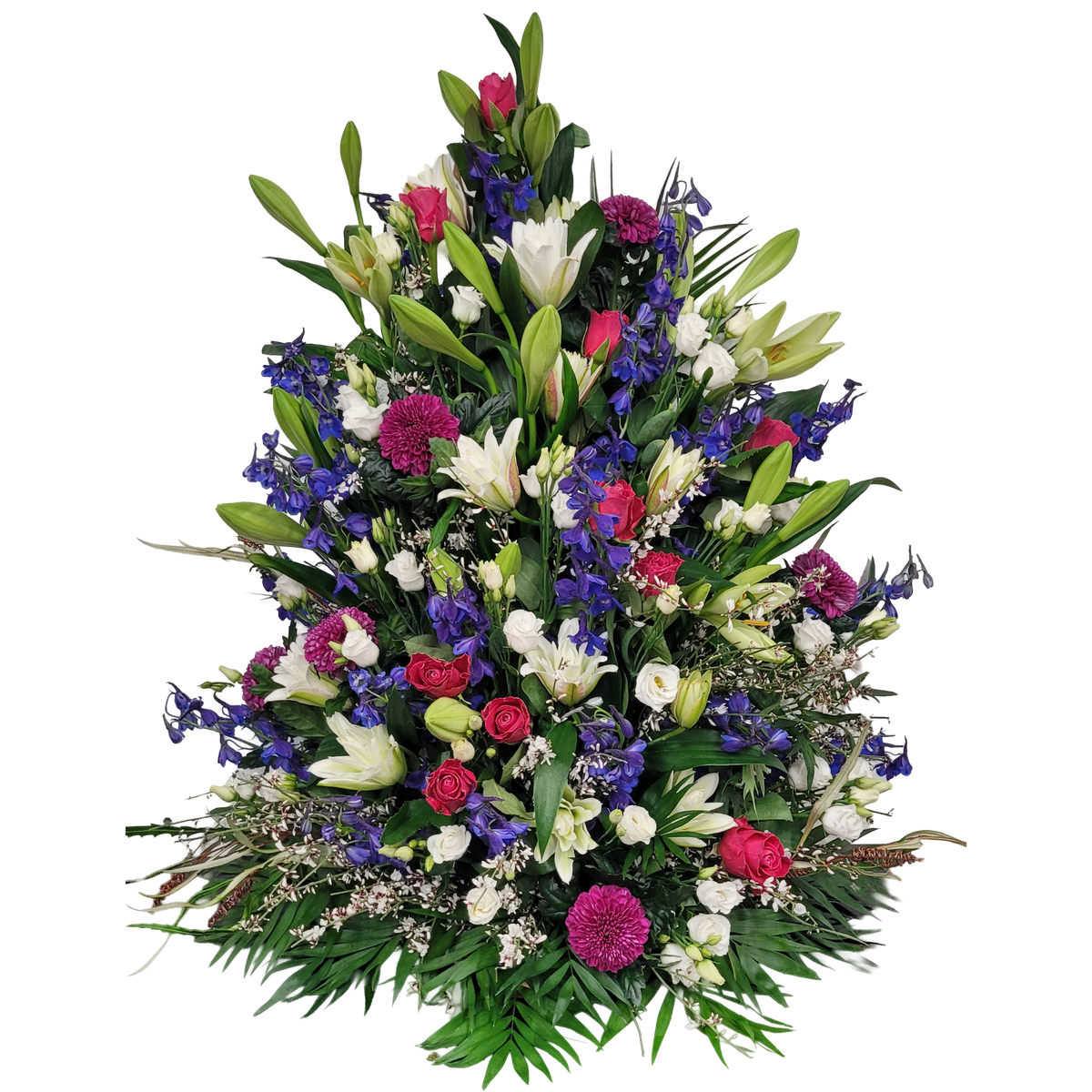 Gesteck_Hoch_-_Lilien_Chrysanthemen_Eustoma_Rittersporn_Rosen_Ginster_-_Blau_Weiss_Lila_Pink