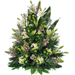 Gesteck_Hoch_-_Lilien_Chrysanthemen_Loewenmaul_-_Weiss_Rosa_Gruen