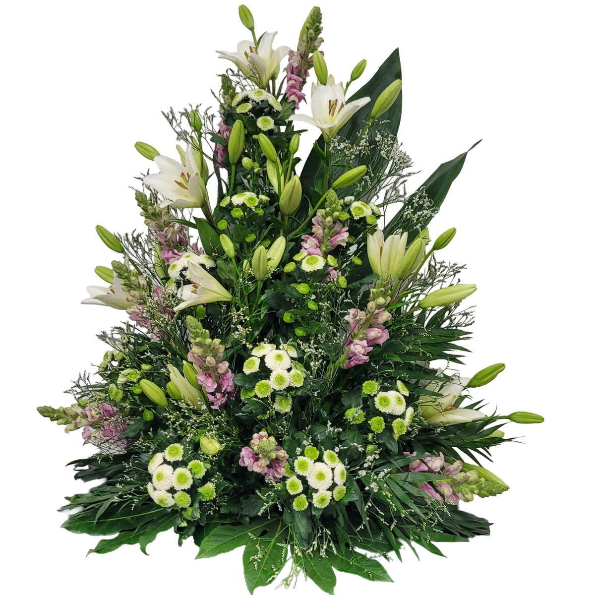 Gesteck_Hoch_-_Lilien_Chrysanthemen_Loewenmaul_-_Weiss_Rosa_Gruen