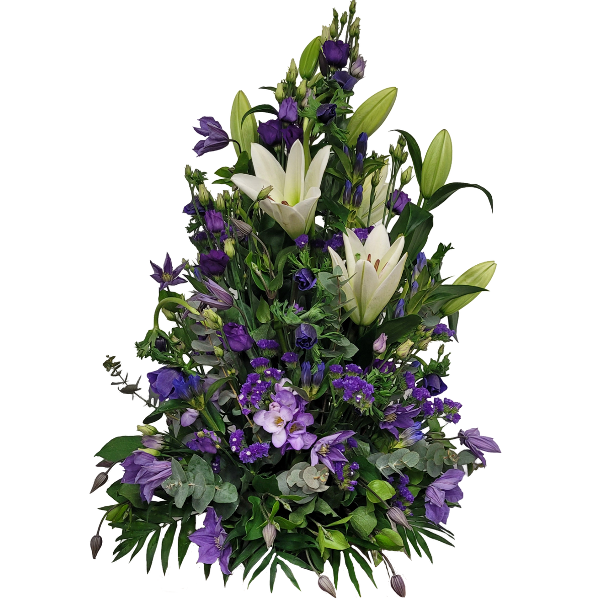 Gesteck_Hoch_-_Lilien_Eustoma_Clematis_Statice_Enzian_Annemone_-_Blau_Weiss
