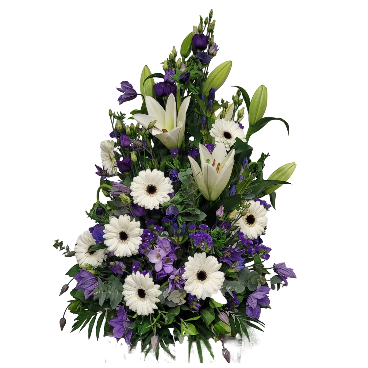 Gesteck_Hoch_-_Lilien_Eustoma_Clematis_Statice_Germini_Enzian_Annemone_-_Blau_Weiss