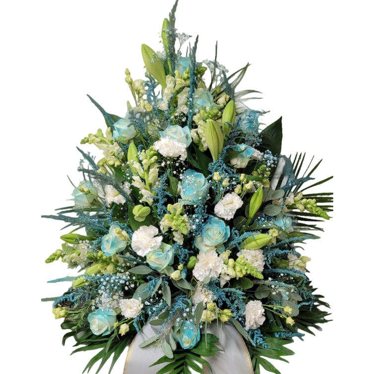 Gesteck_Hoch_-_Lilien_Loewenmaul_Nelken_Rosen_Eustoma_Solidago_Gefaerbt_Eucalypthus_-_Weiss_Tuerkis_Grau_-_Sommer