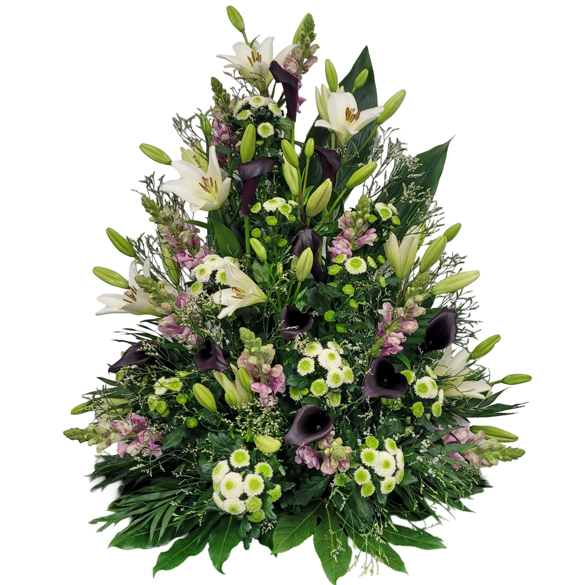 Gesteck_Hoch_-_Lilien_Loewenmaul_Santini_Calla_-_Weiss_Rosa_Schwarz_-_Exoten
