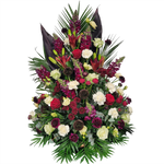 Gesteck_Hoch_-_Lilien_Nelken_Eustoma_Gerbera_Santini_Rosen_Loewenmaul_Scabiosa_-_Rot_Creme_weiss