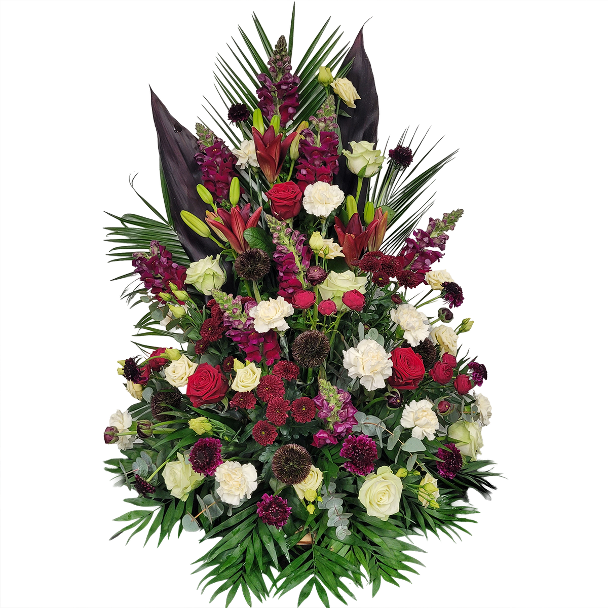 Gesteck_Hoch_-_Lilien_Nelken_Eustoma_Gerbera_Santini_Rosen_Loewenmaul_Scabiosa_-_Rot_Creme_weiss