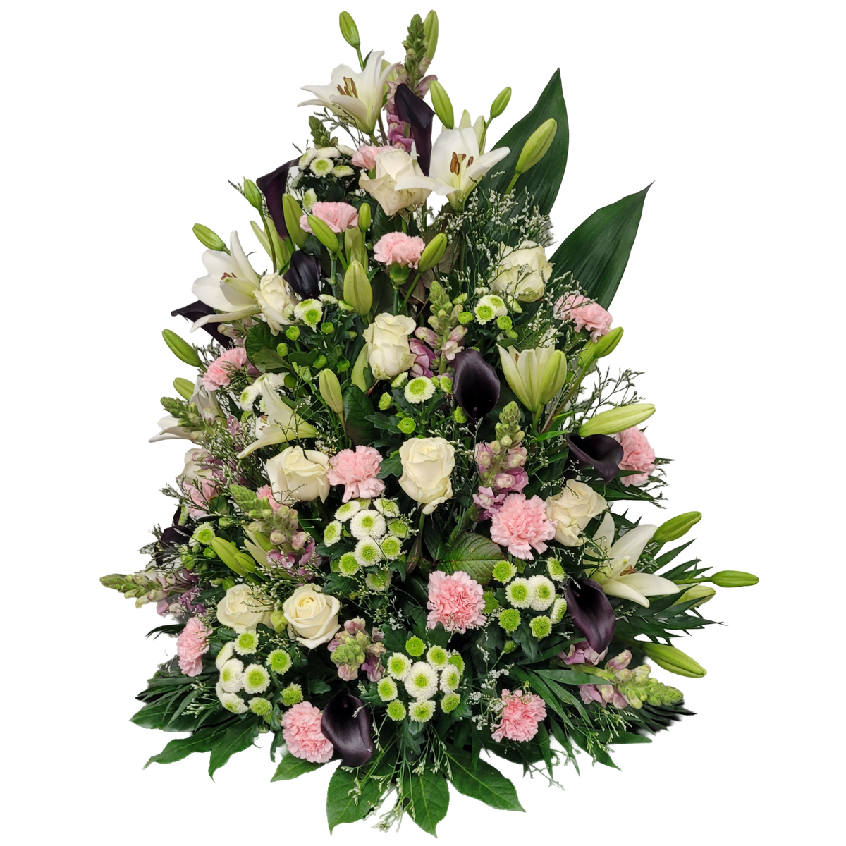 Gesteck_Hoch_-_Lilien_Rosen_Calla_Crysanthemen_Loewenmaul_Nelken_-_Rosa_weiss_Schwarz_-_Exoten