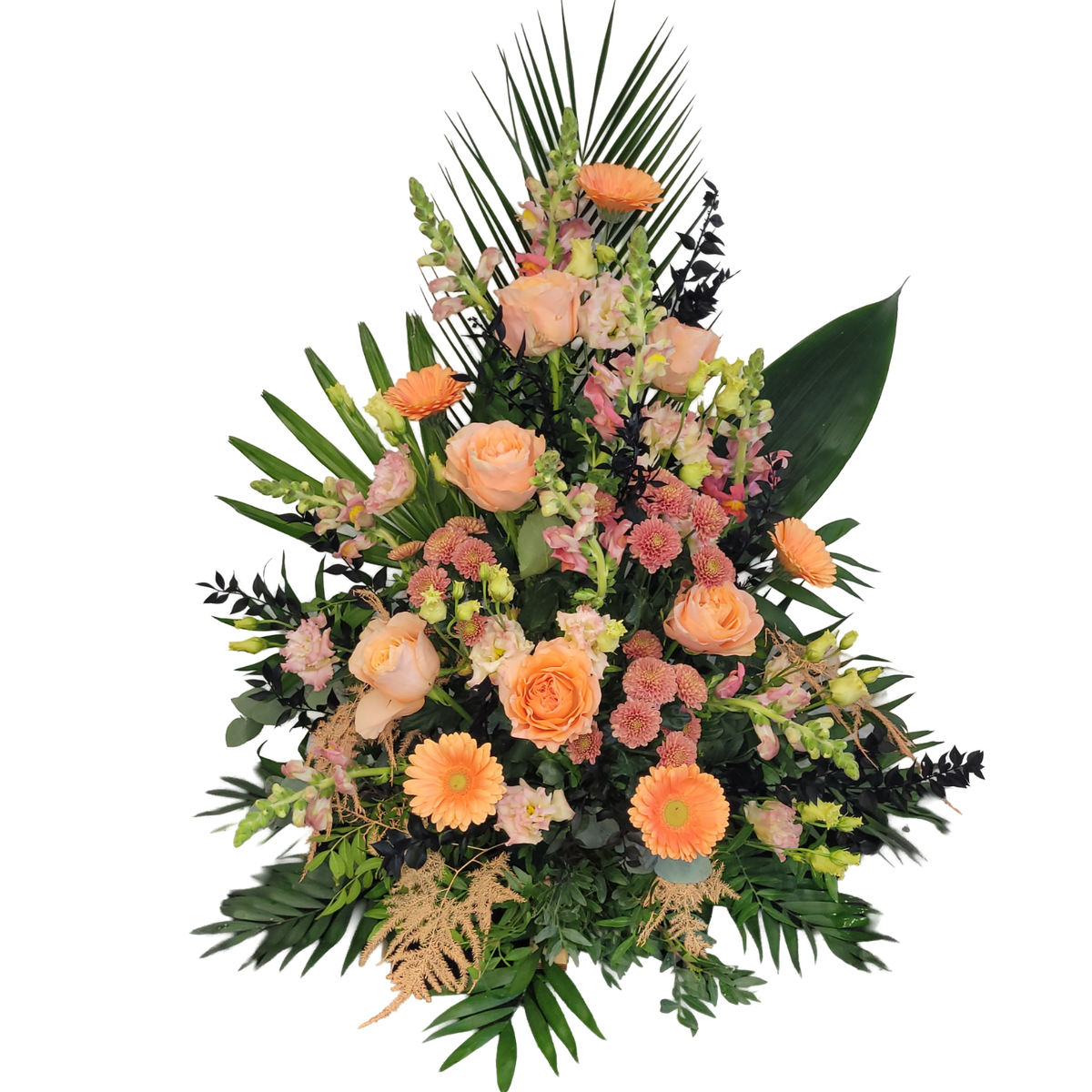 Gesteck_Hoch_-_Loewenmaul_Santini_Eustoma_Germini_Rosen_-_Apricot