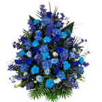 Gesteck_Hoch_-_Nelken_Eustoma_Rosen_Rittersporn_Orchiedeeb_-_Blau_Exoten