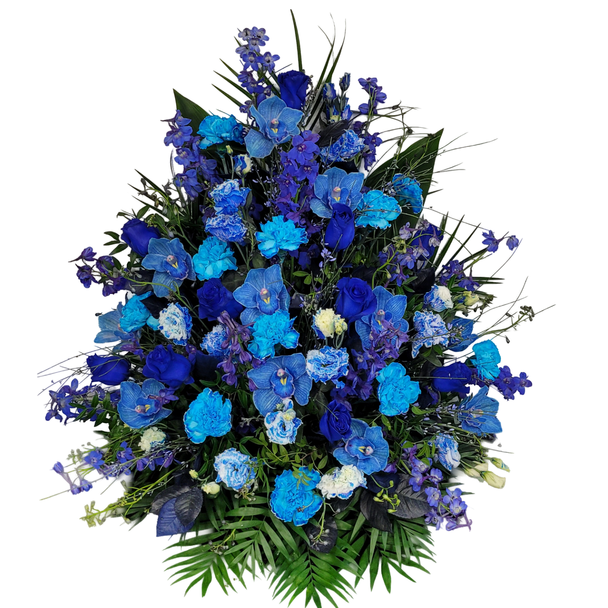 Gesteck_Hoch_-_Nelken_Eustoma_Rosen_Rittersporn_Orchiedeeb_-_Blau_Exoten