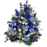 Gesteck_Hoch_-_Nelken_Eustoma_Rosen_Rittersporn_Schleierkraut_Hortensie_Ginster_-_Blau_Weiss