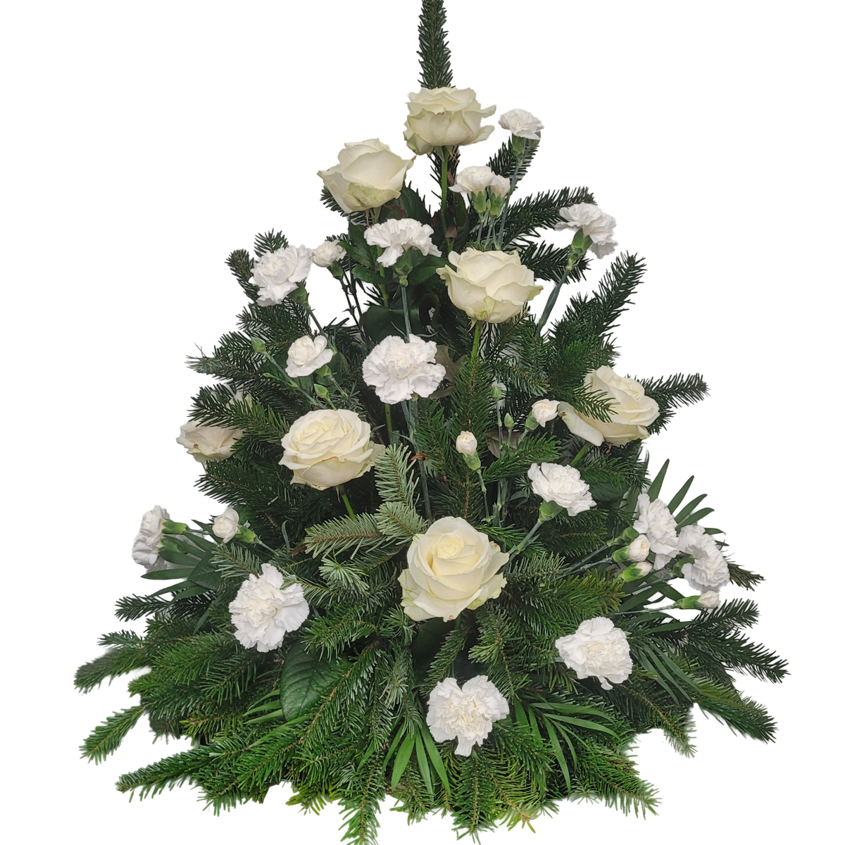 Gesteck_Hoch_-_Nelken_Rosen_Tanne_-_Weiss